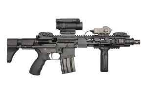 DSAT DR-15S with Aimpoint red dot sight, DBAL unit, side mounted light and Ergo front grip (closed stock)